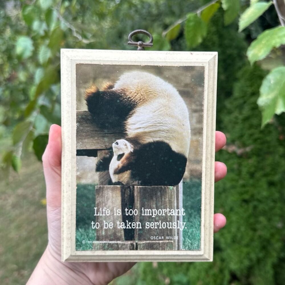 Vintage 1980s Oscar Wilde Quote Panda Art Print Wooden Plaque